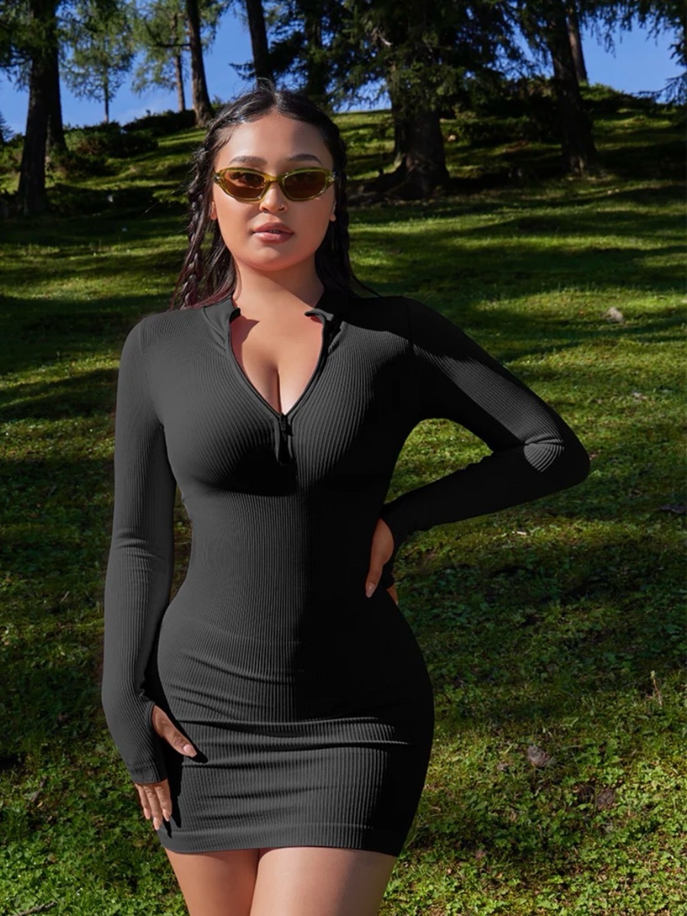 OQQ Chic Black Long Sleeve Dress